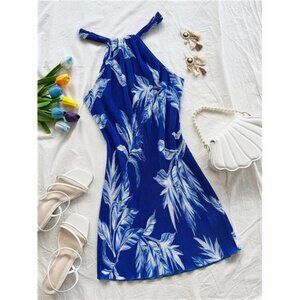 Soleia Women Casual Solid Color Pleated Mini Dress, Blue, Suitable For Beach,